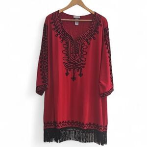 Catherines Embroidered Stretch Tunic Top Fringe Hem Plus Size 4X Boho Red